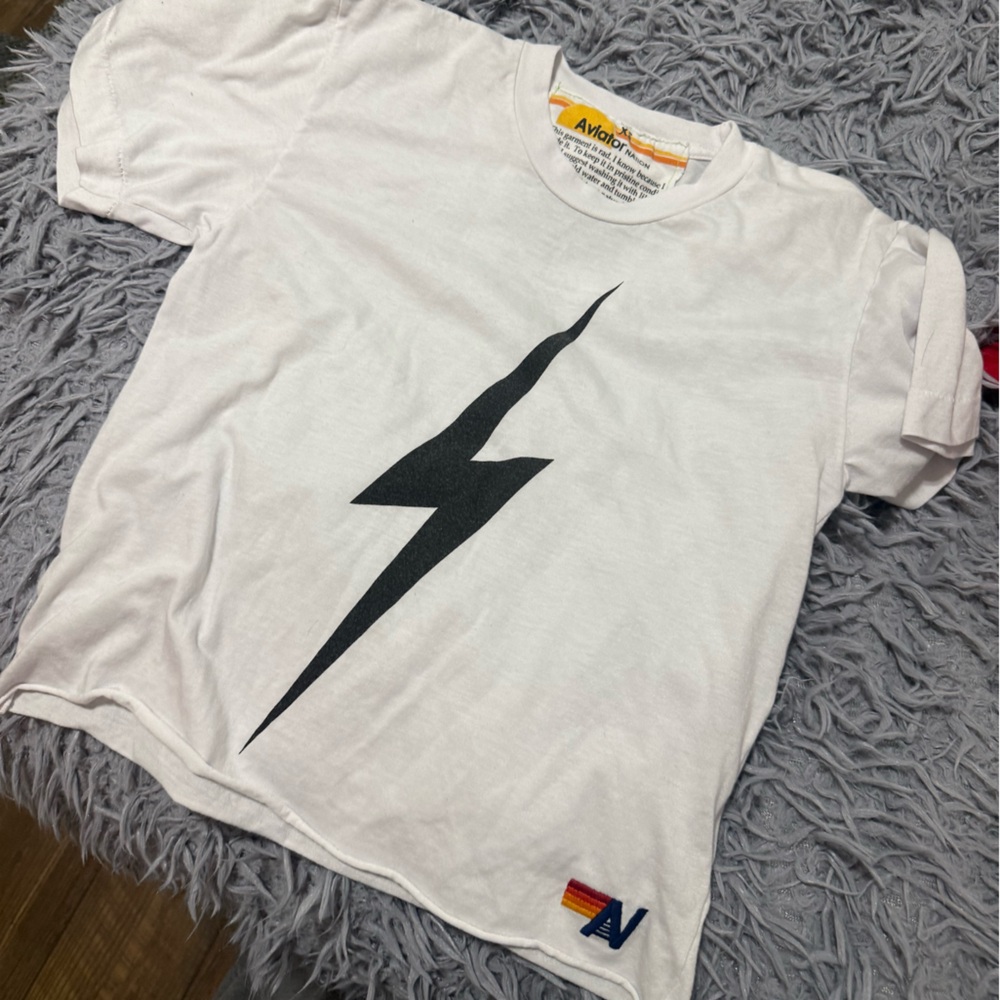 Aviator Nation White Crop Top with Black Lightning Bolt